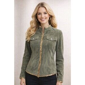 NEW JDS Collection Women's Green Leather Suede Jacket Sz Small Gold Sequin Trim